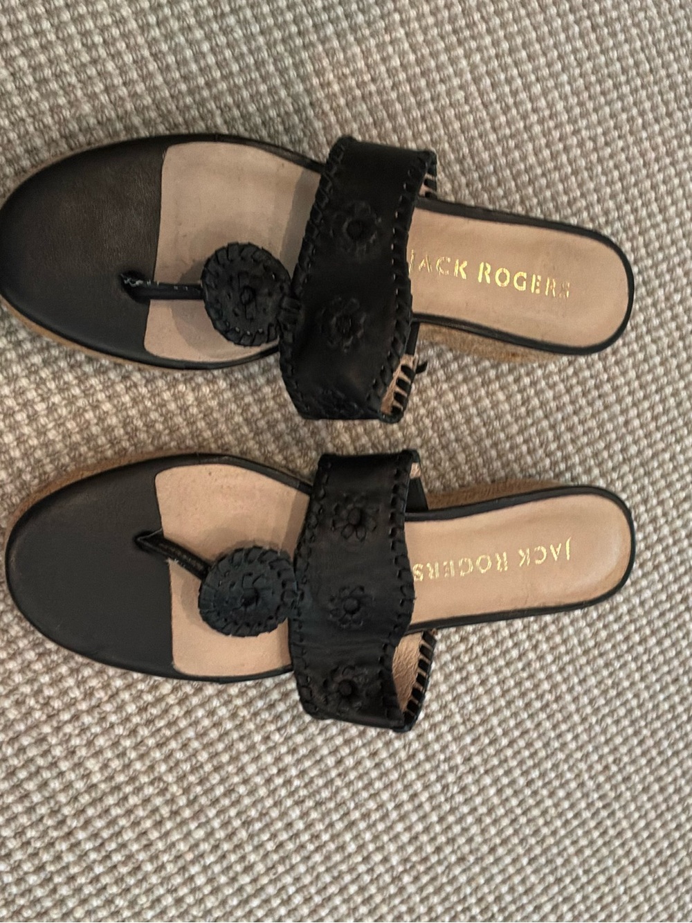 Jack Rogers Black Leather Daisy Thong Slide Sandals